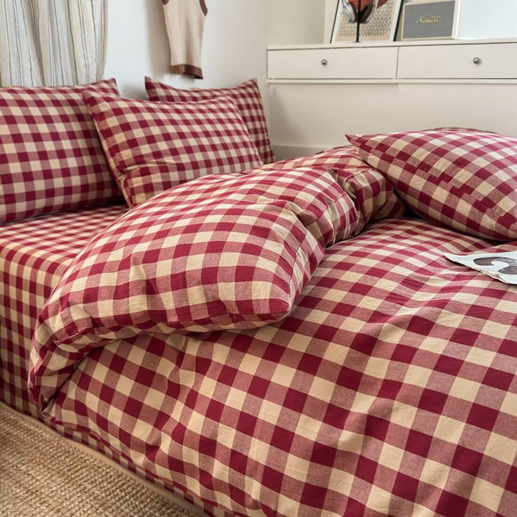 Red Gingham Duvet Cover Bedding Set 100% Washed Cotton Beige Plaid Checkered Duvet Cover 3pcs