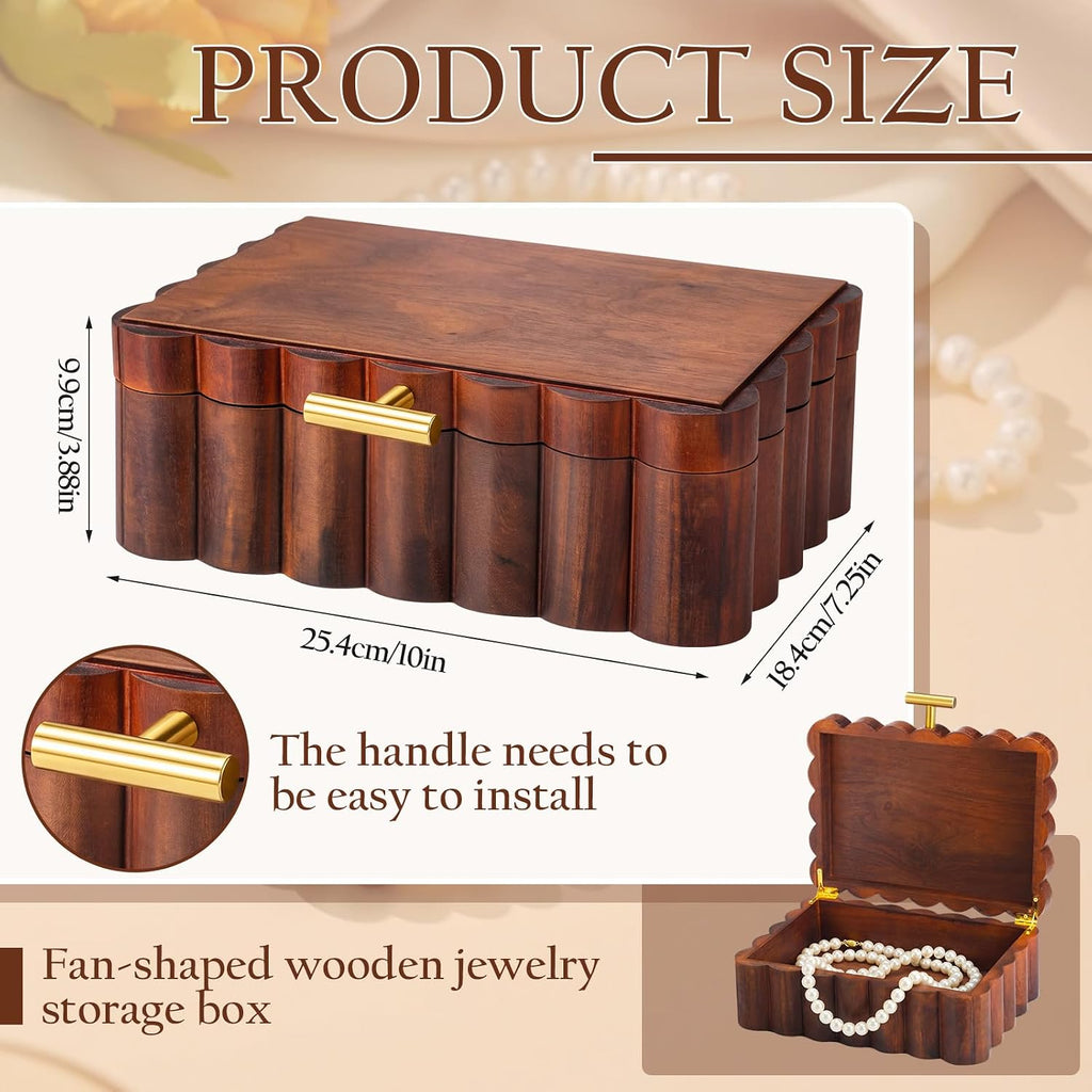 Scalloped Wooden Jewelry Box Trinket Organizer with Lid 7.25 x 10 x 3.88 Inches Fan Shaped Decorative Storage Box