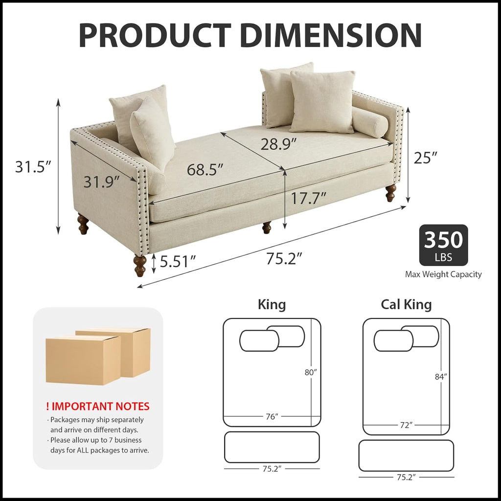 75.2" Oversized Indoor Chaise Lounge, Chenille Upholstered King Size End of Bed Bench with Arms, Sleeper Sofa with 4