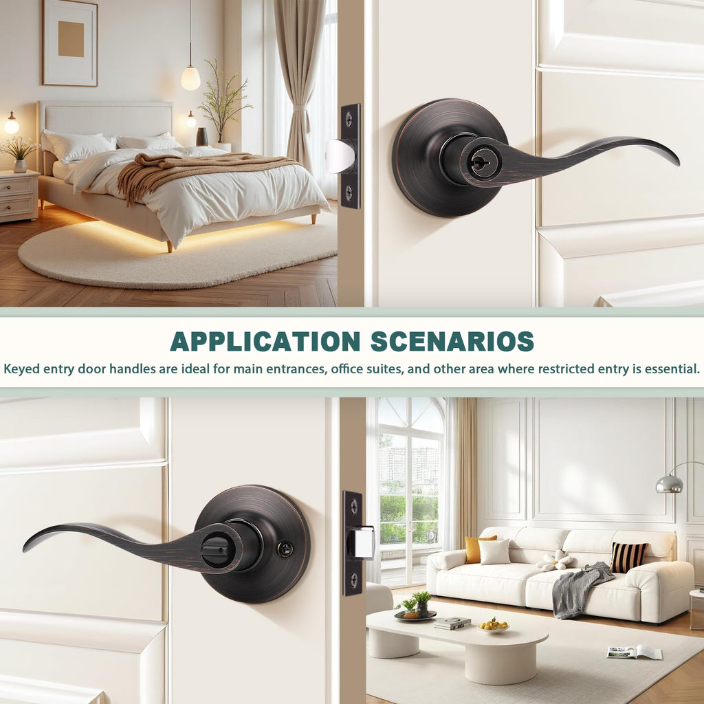 Entry Door Handles with Lock and Same Keys, Oil Rubbed Bronze Keyed Aliked Entry Door Lock Sets for Exterior &
