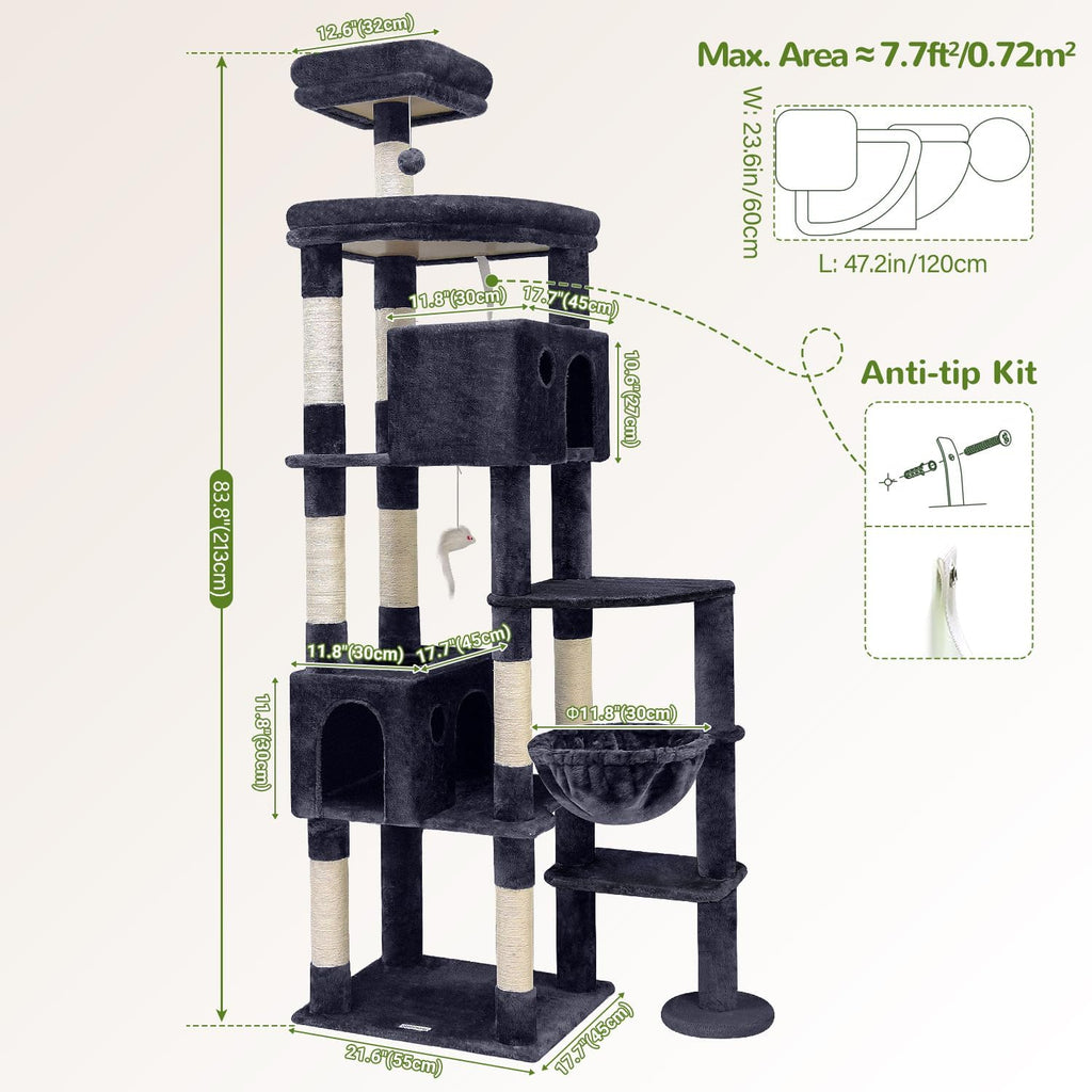 Giant Cat Tree for Indoor Large Cats, 83in, Dark Grey