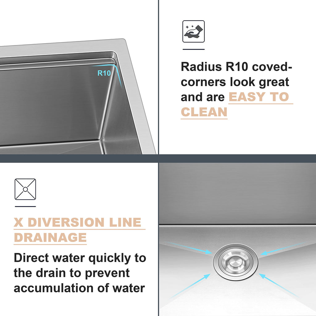 Kitchen Sink, 33 x 19 Inch Large Farmhouse Undermount Kitchen Sink, 18/10 Stainless Steel R10 Corner 10 Inch Deep
