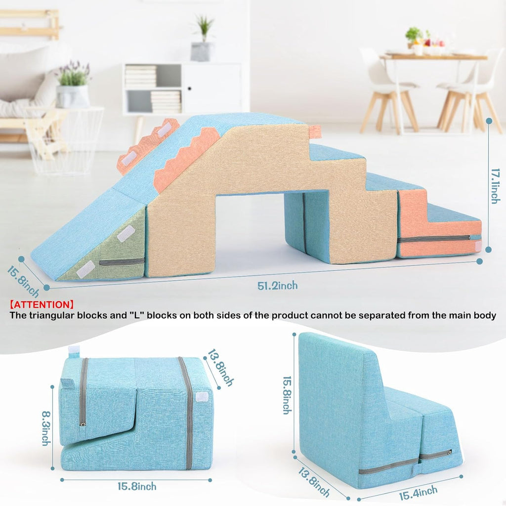 4 in 1 Foam Climbing Blocks for Toddlers (Faux-Linen Blue-Khaki)