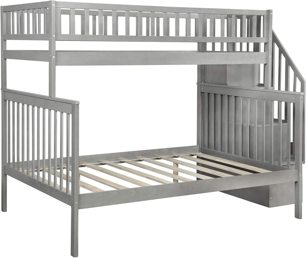Twin Over Full Bunk Bed with Stairs, Wood Bed Frame with Storage Space and Guard Rail for Bedroom, Dorm, for Teens
