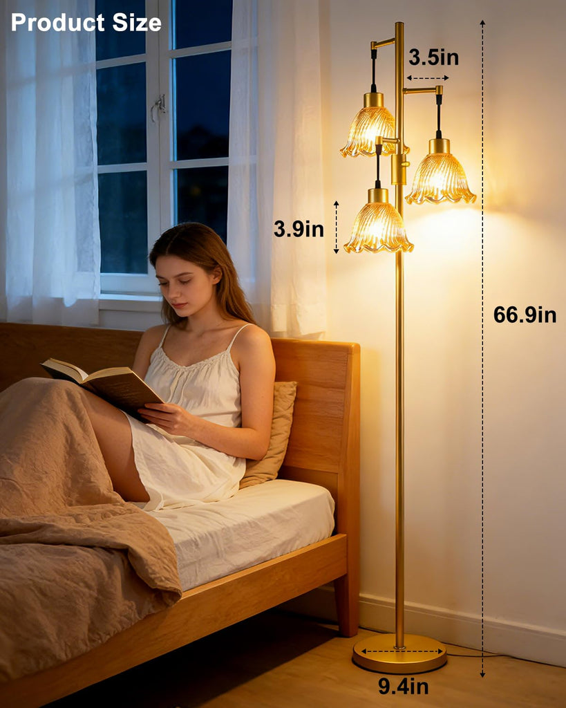 Amber Flower Glass Floor Lamp 3-Light Dimmable Gold Floor Lamps