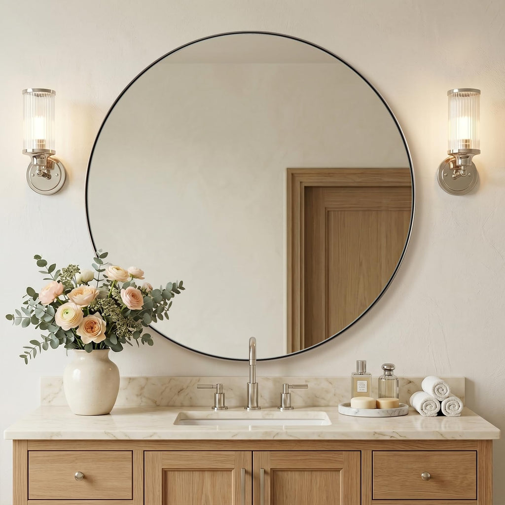 Round Vanity Mirror 40 Inch, Round Chrome Mirror, Large Circle Mirror, Metal Framed Vanity Mirror for Wall, Modern