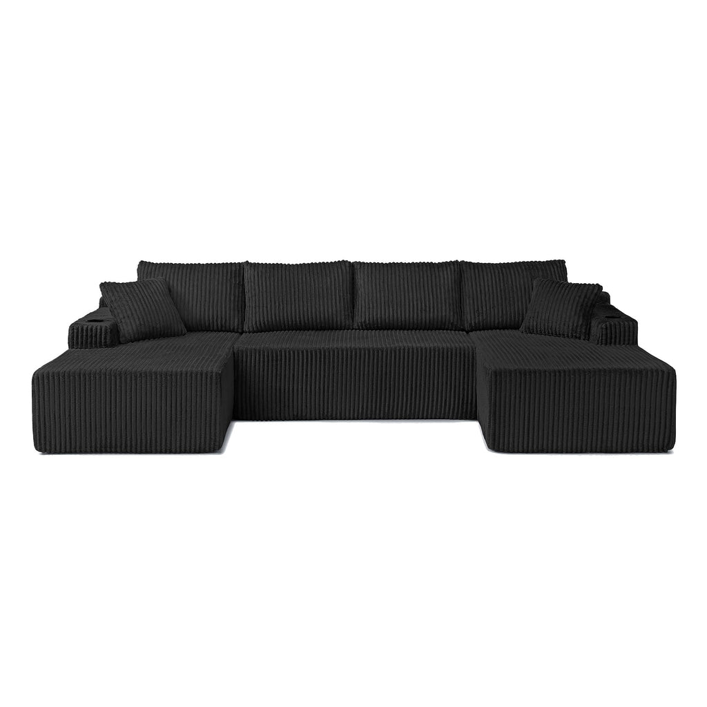 124" Cloud Boneless Couch, Oversized Sectional Couches, Modern Modular Couch with Cup Holders, Black Comfy Corduroy U