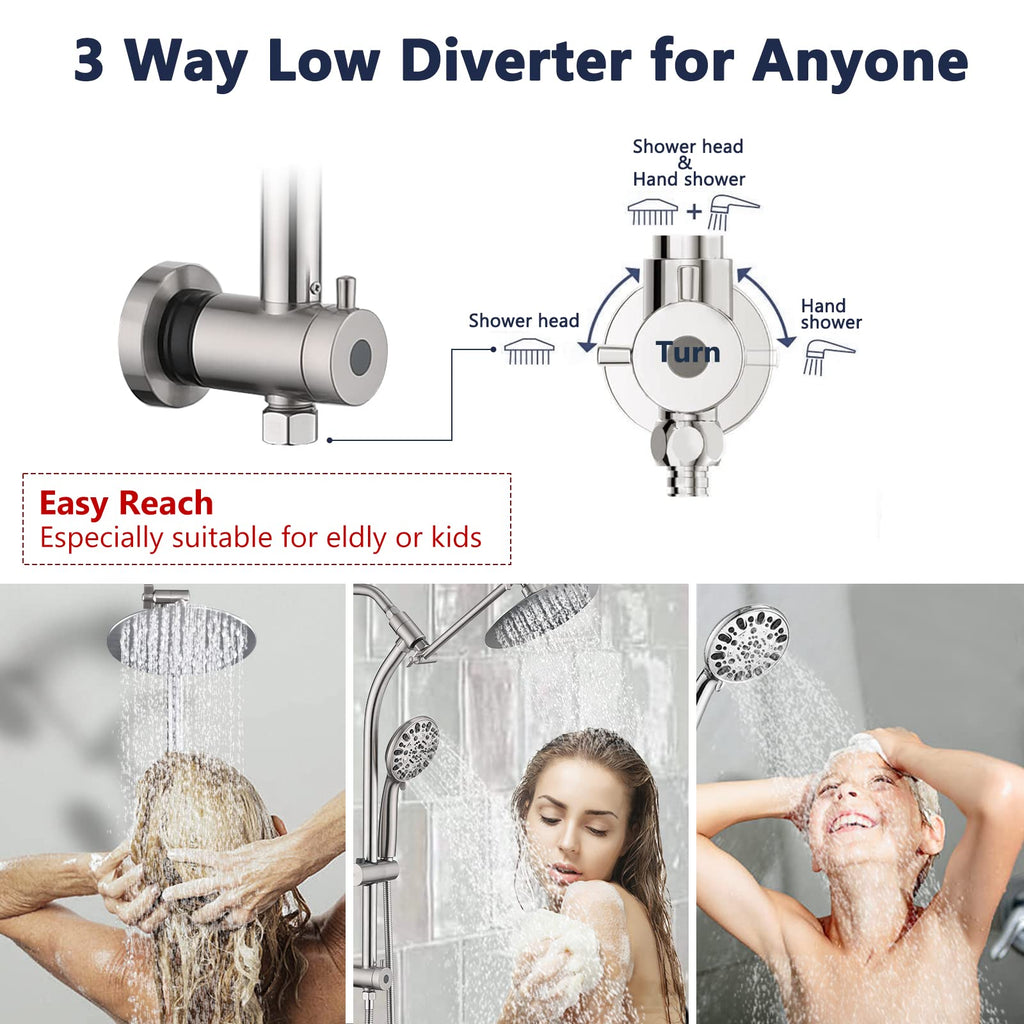 Rainfall 8 Inch Round Shower Head with High Pressure Handheld Spray Combo, Drill-Free Slide Bar with Adjustable