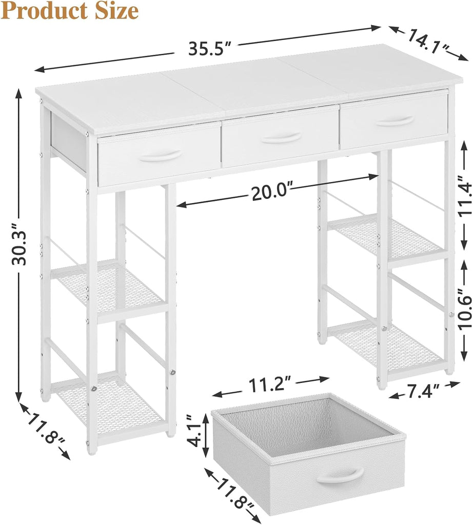 White Computer Desk with Drawers, 35.5 Inch Home Office Work Table with Bookshelf, Kids Teens Study Writing Table