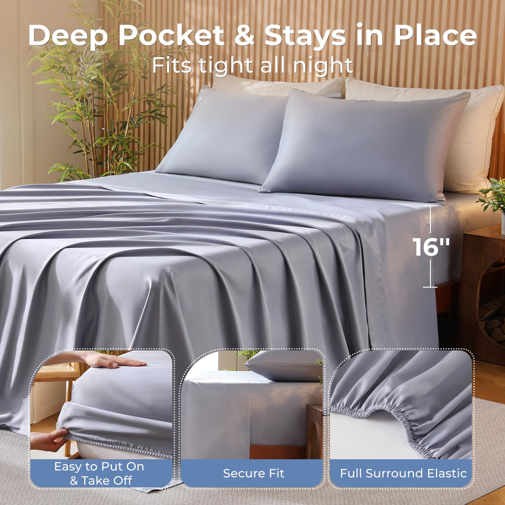 Queen Size 4-Piece Blend Rayon Derived from Bamboo Sheets Set, Cooling Bedding for Hot Sleepers, Breathable & Ultra