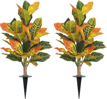 UV-Resistance 35inch Artificial Croton Plant, 2 Pack Fake Croton with Ground Spike, Faux Fiddle Leaf Fig Tree Home - Set of 2