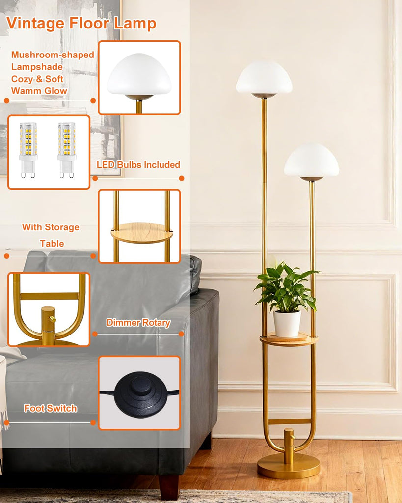 63IN Gold Dimmable Floor Lamp with Table Modern Mid Century Standing Lamps with Bulbs Included Unique Vintage Tall