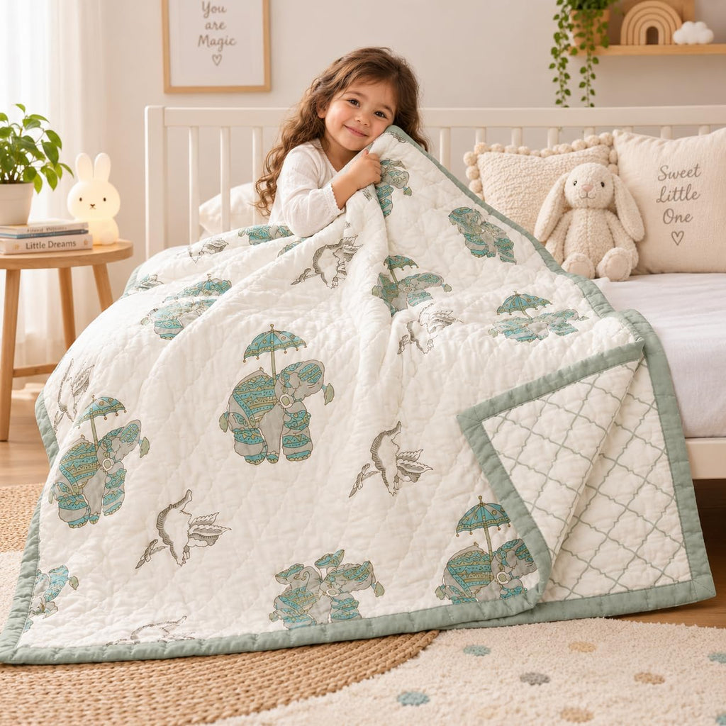 Baby Quilt Hand Block Print Cotton Reversible 40x60 (Green)