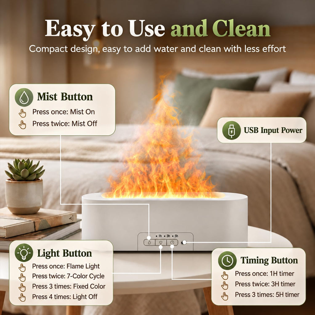Flame Air Diffuser, Humidifier, Essential Oil Diffuser - 7 Colors, 200mL Capacity (8 Hours), Noiseless Operation