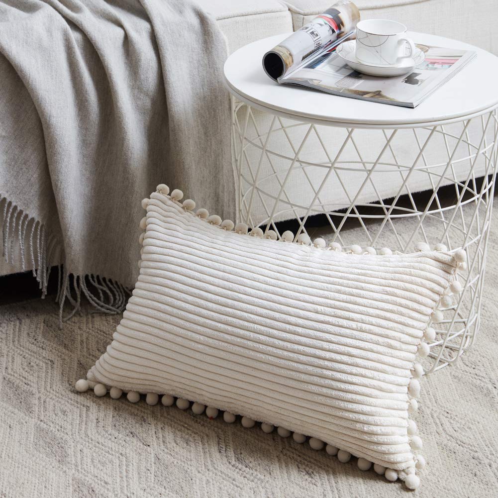 Pack of 2 Boho Rectangle Decorative Throw Pillow Covers with Pom-poms, Soft Corduroy Accent Solid Cushion Case Set