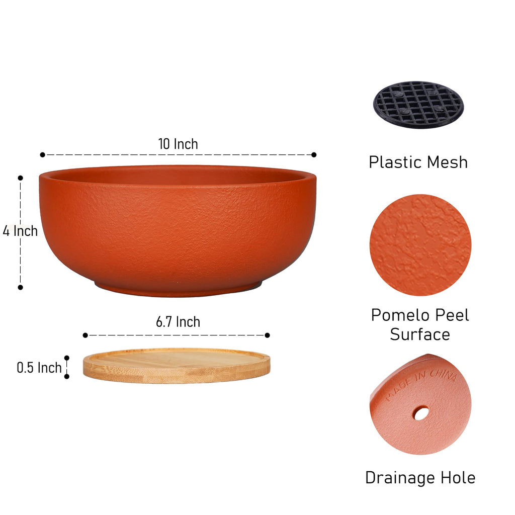 10 Inch Large Terracotta Planter Pot, Clay Succulent Bonsai Planter with Drainage Hole and Bamboo Saucer for Indoor