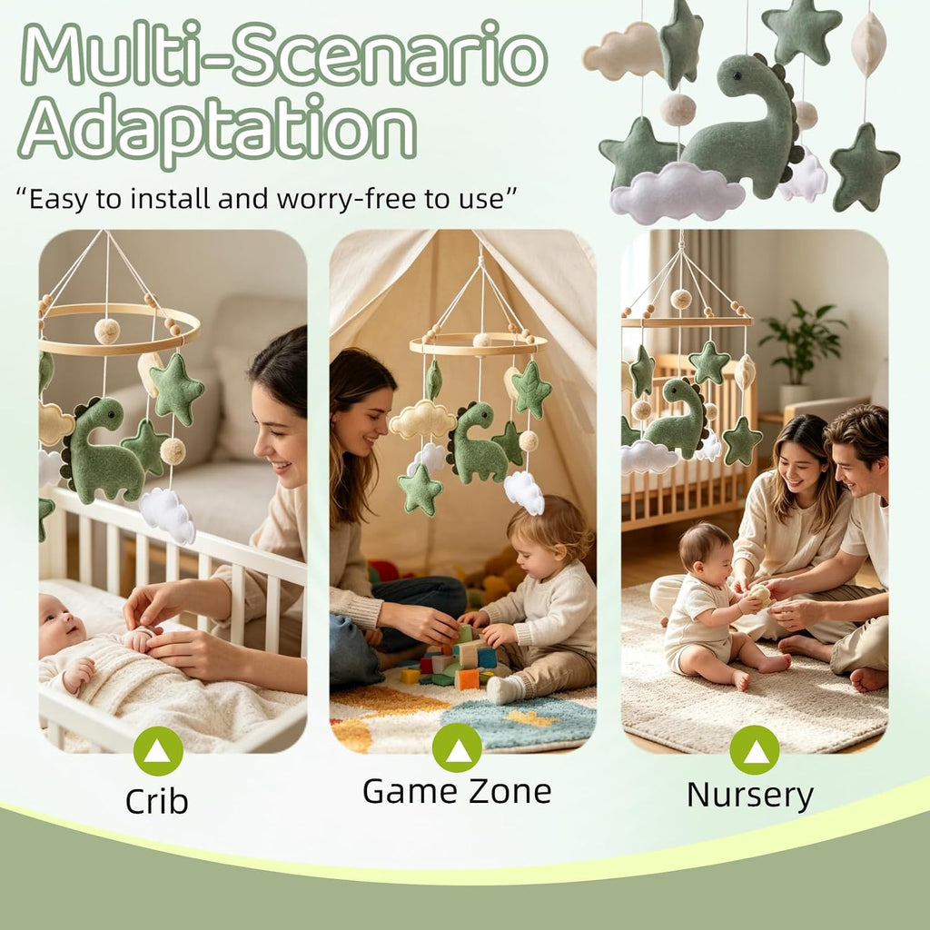 Soft Green Dinosaur Theme Baby Mobile for Crib, Simple Crib Bell for Boys and Girls, Felt Clouds Nursery Ceiling
