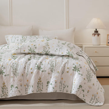 Oversized King Bedspread 120"x120", 100% Cotton Botanical Printed Coquette Cottagecore Floral Quilt Set 3Pcs Soft