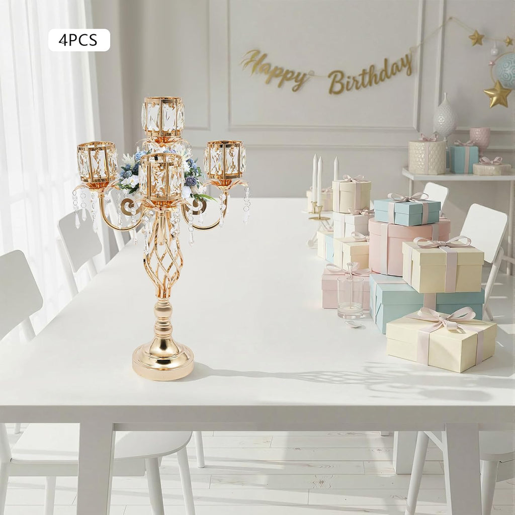5-Arm Crystal Candelabra Centerpiece, 4PCS Gold Luxury Candle Holder | Fit 2.75 Inch LED Electronic Candles, for