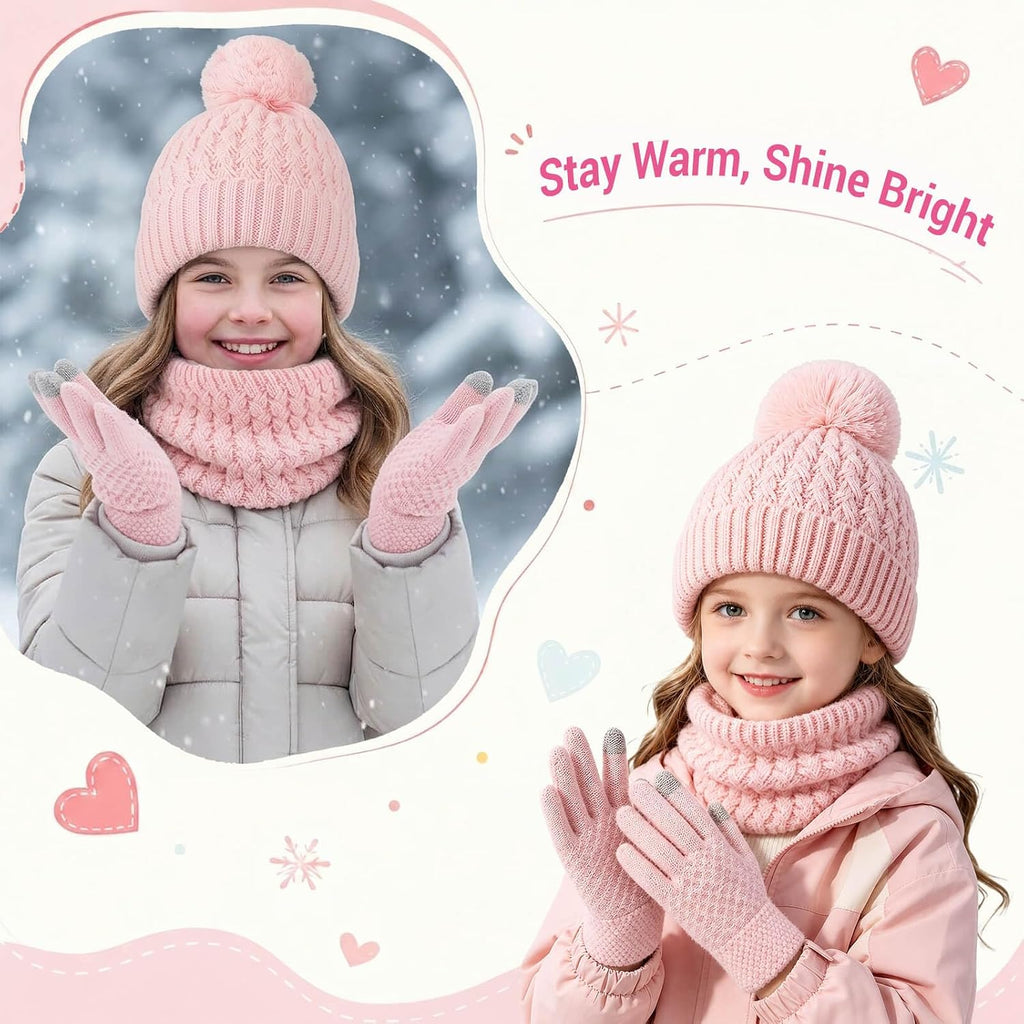 Kids Winter Hat Gloves Scarf Set, Unisex Children Beanie Hat with Pom