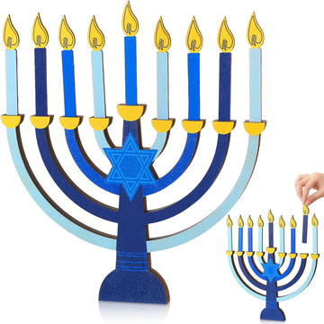 Hanukkah Candle Holder Chanukah Wooden Decorations with Removable Candles for Kids Jewish Holiday Table Centerpiece - Set of 9