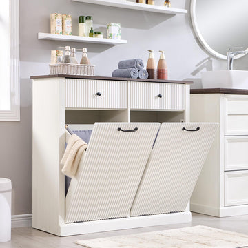 Double Tilt Out Laundry Hamper Cabinet, Modern Trash Cabinet, White