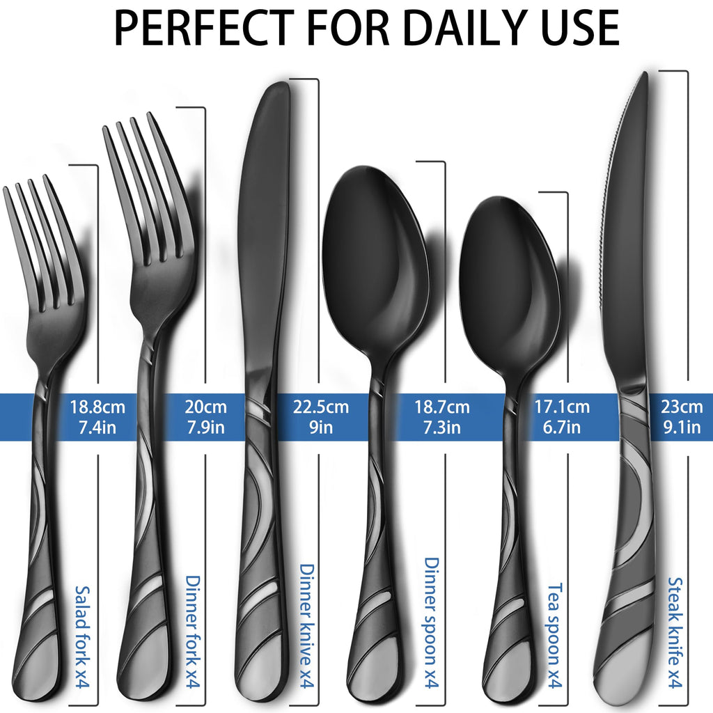 24-Piece Black Silverware Set for 4, 18/0 Stainless Steel Flatware