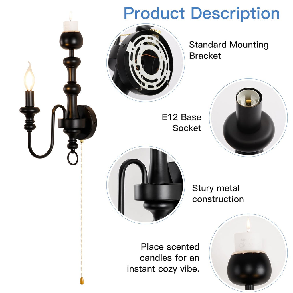 Matte Black Iron Single‐Arm Wall Sconce, Retro Farmhouse Hardwired Wall Lamp with Scented Candle Tray & Pull Chain