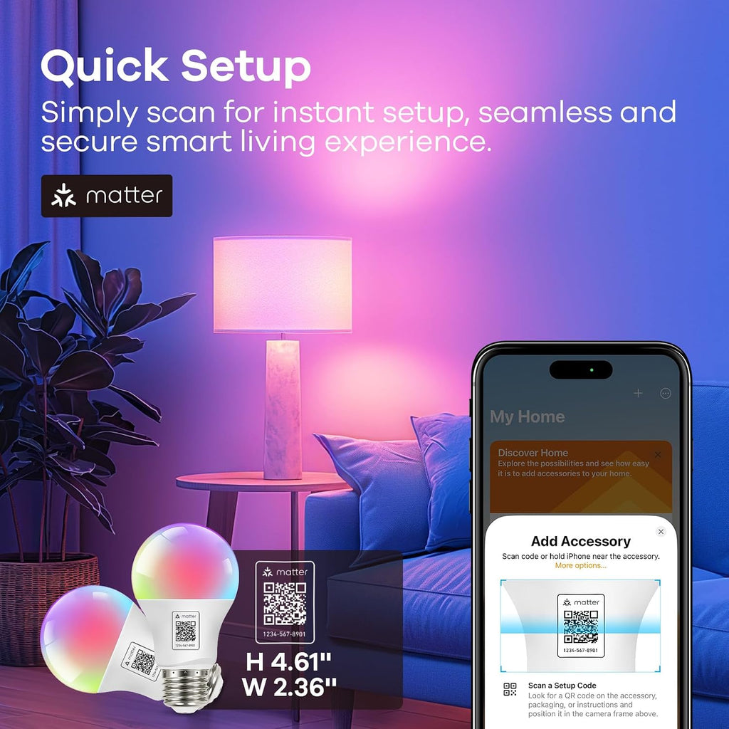 Matter Smart Light Bulb A19, Works with Alexa/Apple Home/Google