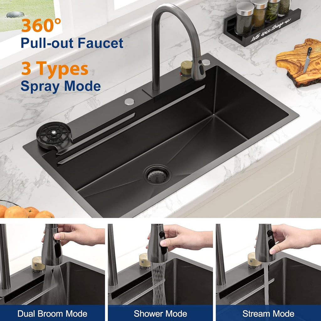 33 Inch Waterfall Kitchen Sink - 33x19 Black Waterfall Drop In Sink Workstation Stainless Steel 16 Gauge Sink