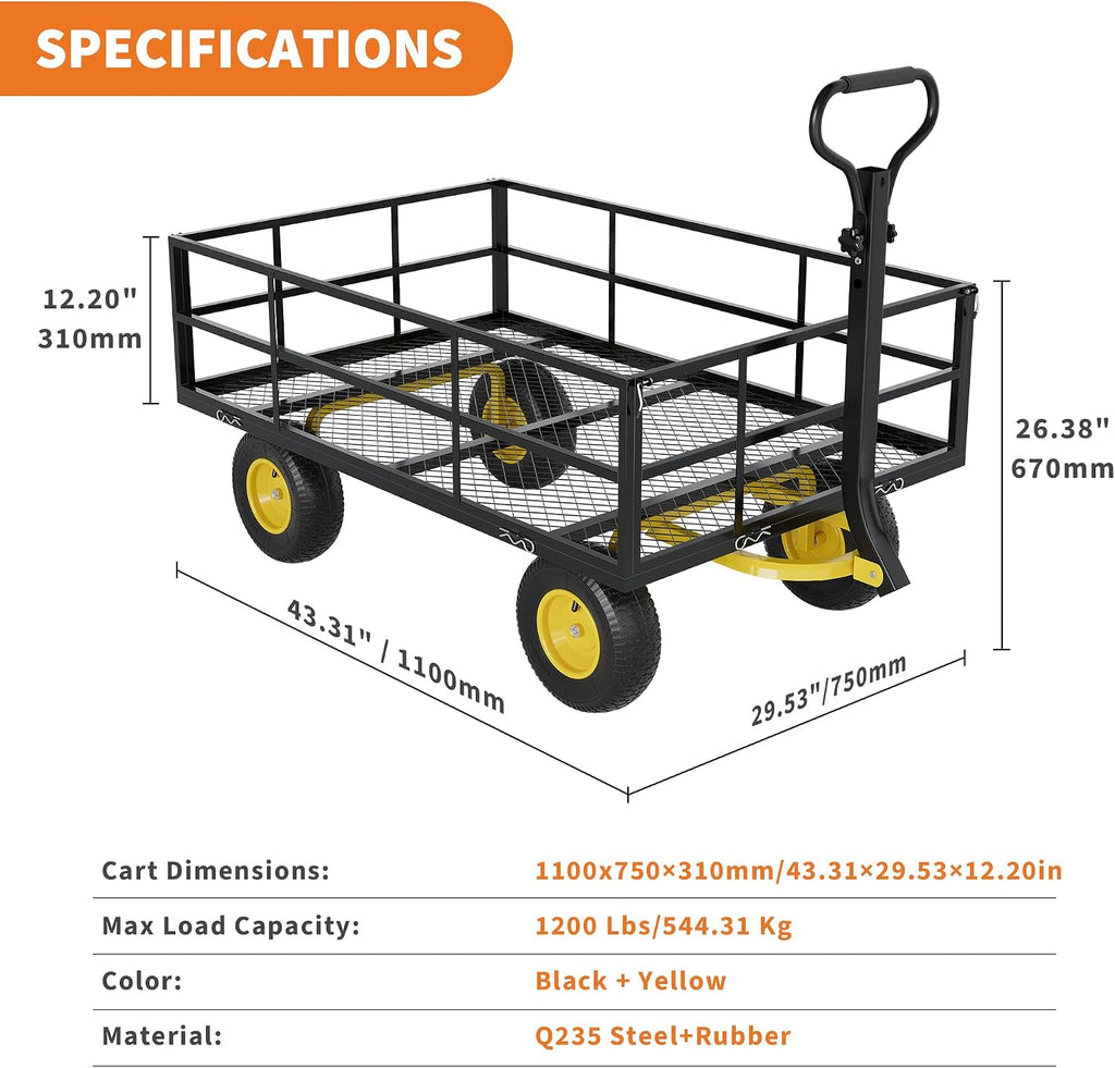 Heavy Duty Steel Garden Cart, 1200 Lbs Garden Wagon with 13" All Terrain Tires, 3-in-1 Metal Utility Wagon with