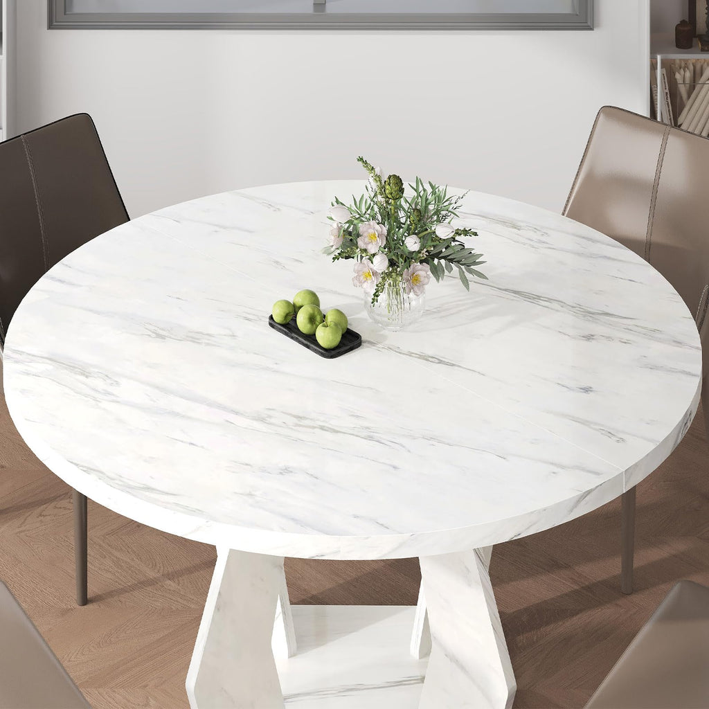 White Marble Round Dining Table, Modern Wood Dinner Tables, 47 Inch