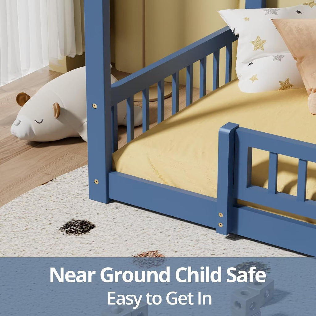 House‐Style Floor Bed Frame with Guardrail Fence, Solid Wood Montessori‐Inspired Bed with Wood Slat Support