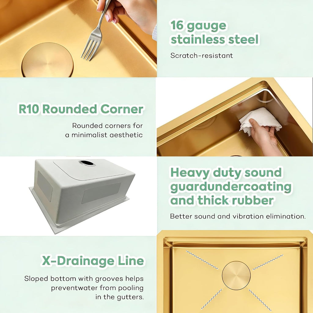 Gold Undermount Kitchen Sink,16 Gauge SUS304 Stainless Steel All In One Workstation Sinks with Full Set Accessories