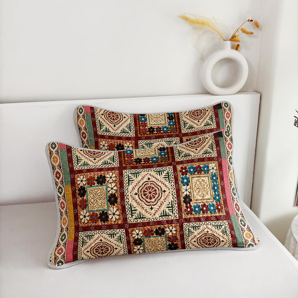 Vintage Bohemian Floral Patchwork Quilt, Geometric Bedspread.