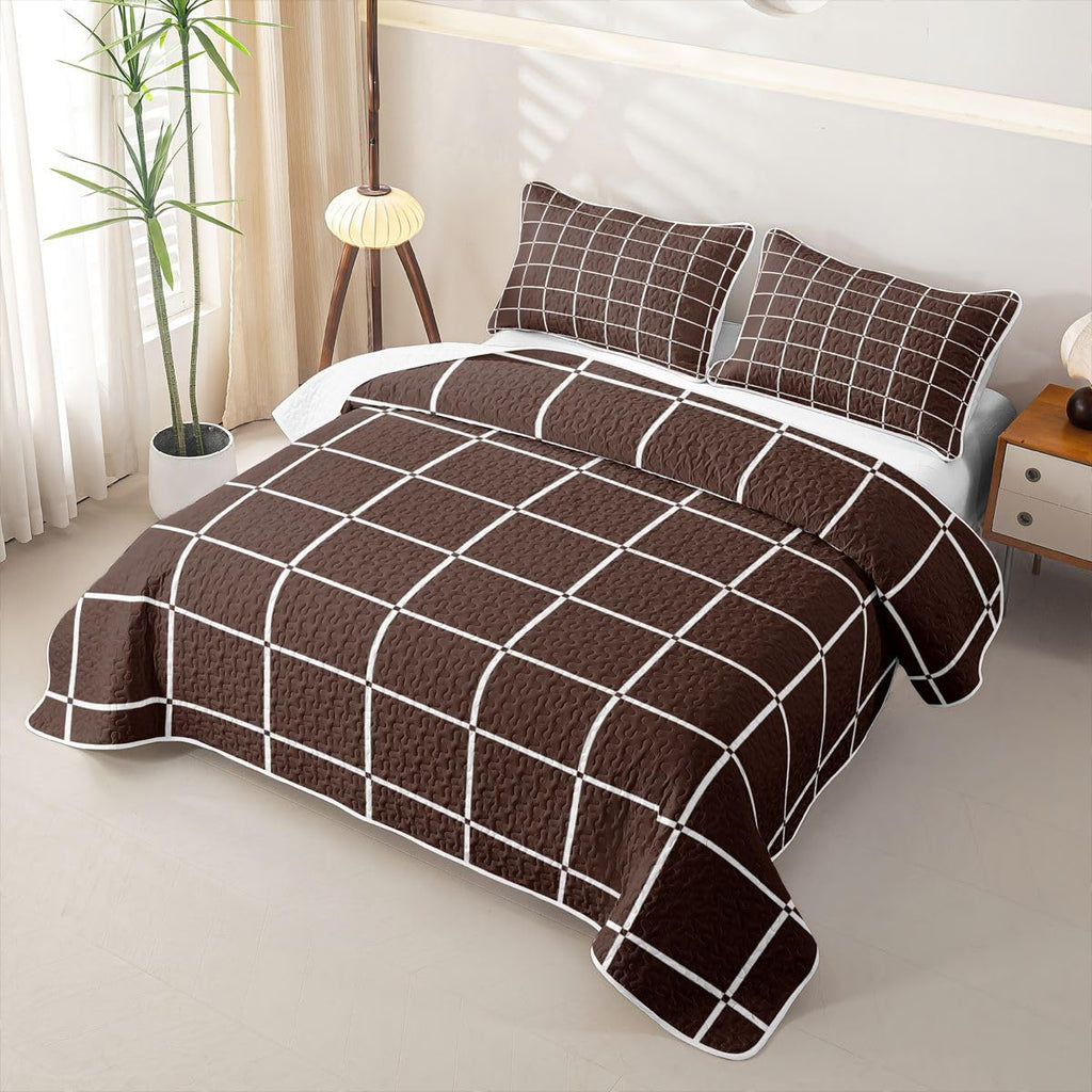 Plaid Quilt Set Brown Grid Checkered Bedspread Set, Farmhouse Buffalo Gingham Soft Lightweight Quilted Geometric