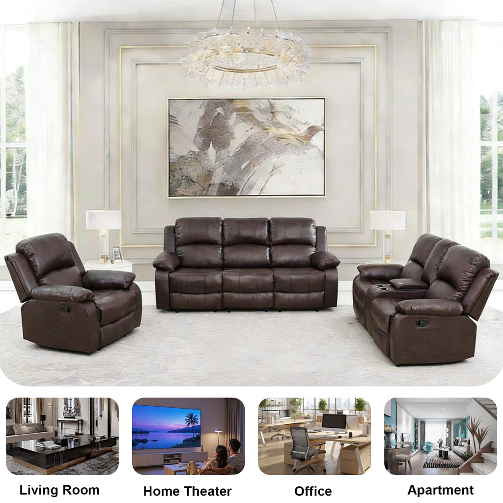 3 Piece Reclining Sectional Couch - Manual Brown Leather Sectional Couch with Recliner, Storage Console, Cup Holders