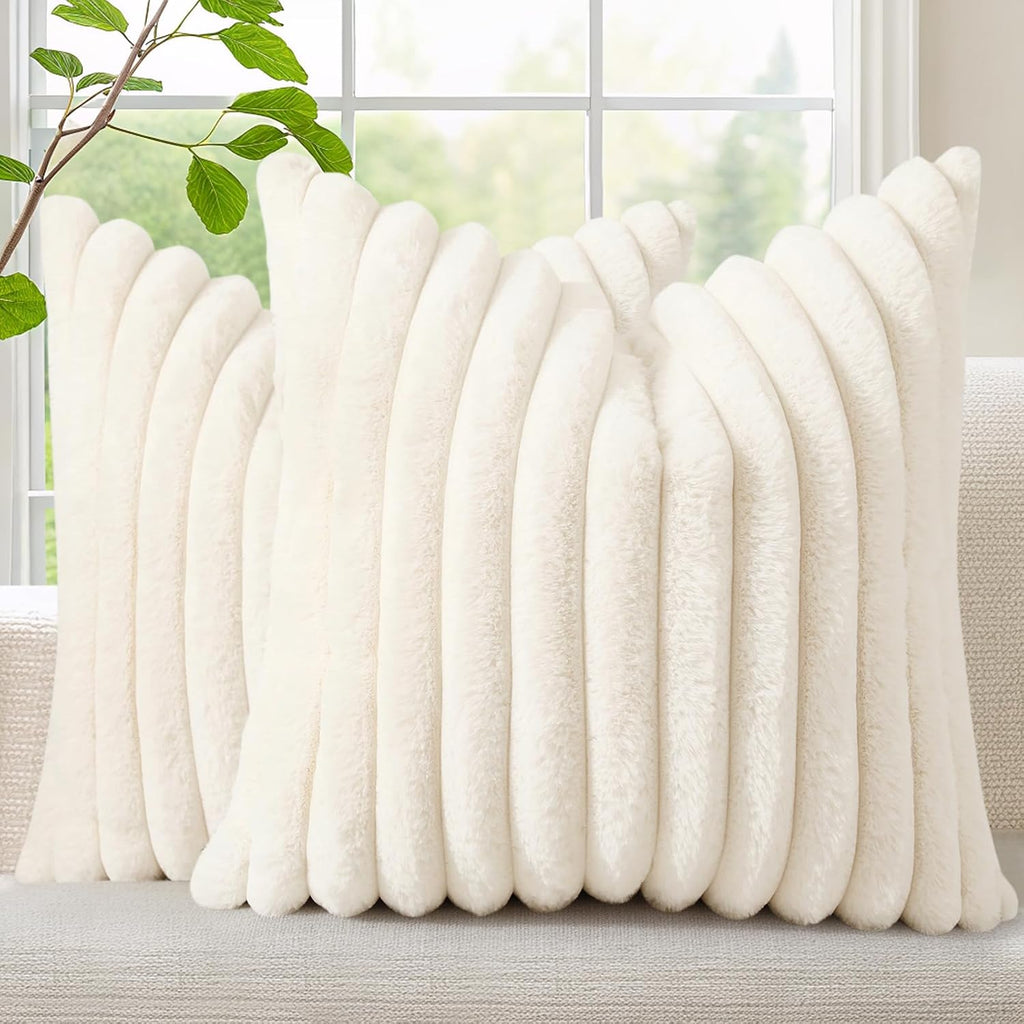 Summer Cozy Faux Fur Throw Pillow Covers 18x18 Set of 2 Decorative Soft Plush Striped Modern Farmhouse Boho Couch