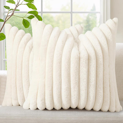 Summer Cozy Faux Fur Throw Pillow Covers 18x18 Set of 2 Decorative Soft Plush Striped Modern Farmhouse Boho Couch