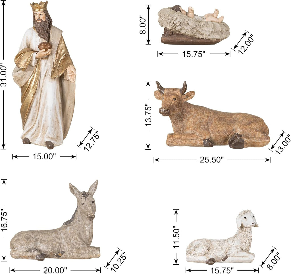 31.75"H Oversized Outdoor Nativity Set, 12-Piece Hand-Painted Large Resin Christmas Nativity Scene Figurine Set, Gold