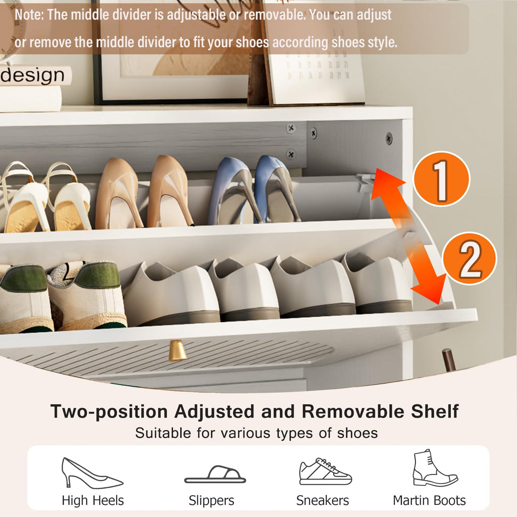 Shoe Storage Cabinet with 2 Fluted Flip Drawers, White