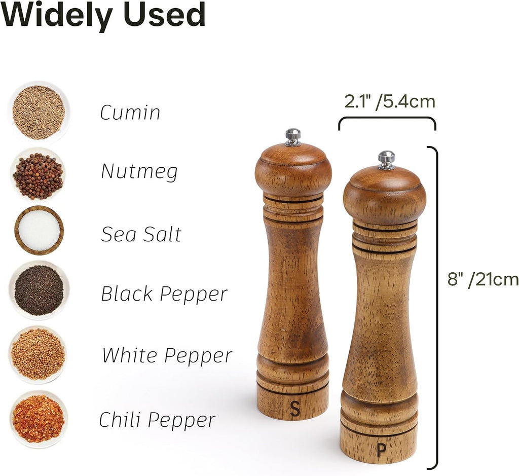 Wooden Salt and Pepper Grinder Set, Premium Oak Wood Salt Grinders Shakers, Manual Pepper Mill with S and P - Set of 2