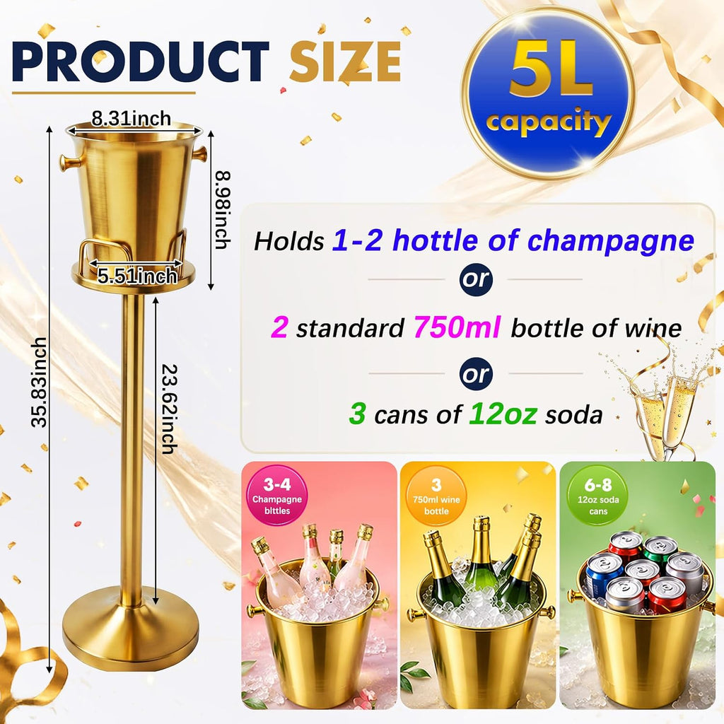 1 Pack Ice Bucket with Stand Champagne Bucket 5l 12lb Stainless Steel Beverage Tub 3ft Wine Bottle Chiller Holder
