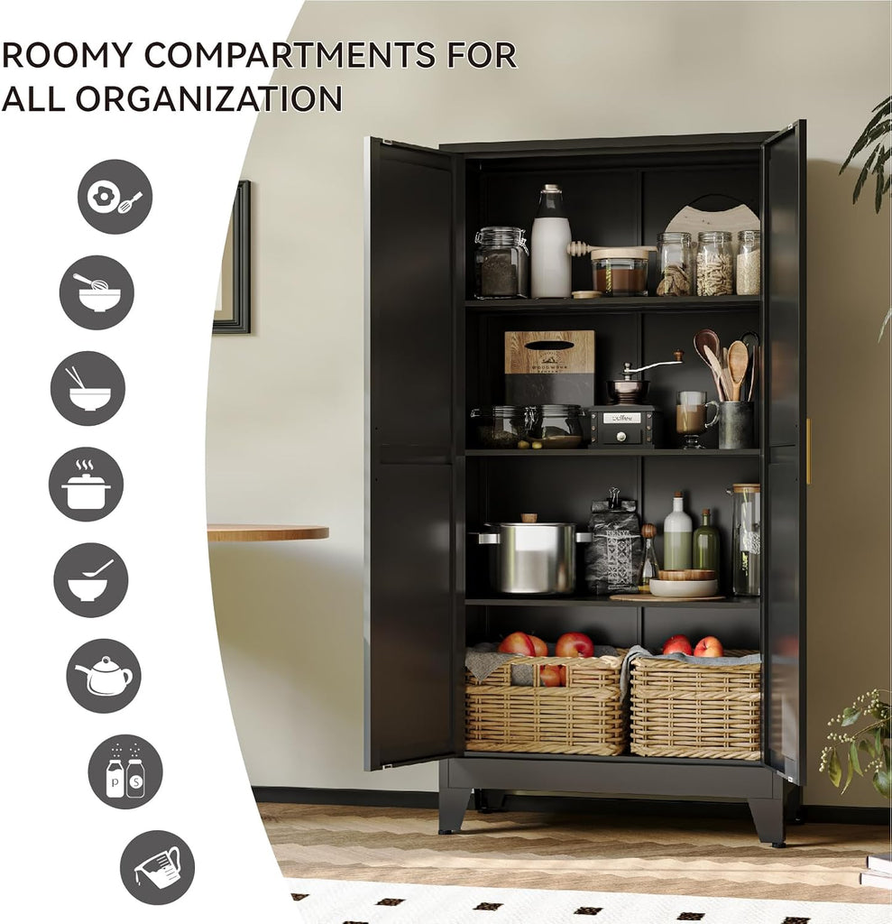 61" Metal Pantry Cabinet in Black, Modern Storage Cabinet with Adjustable Shelves, Sturdy Metal Cupboard Organization