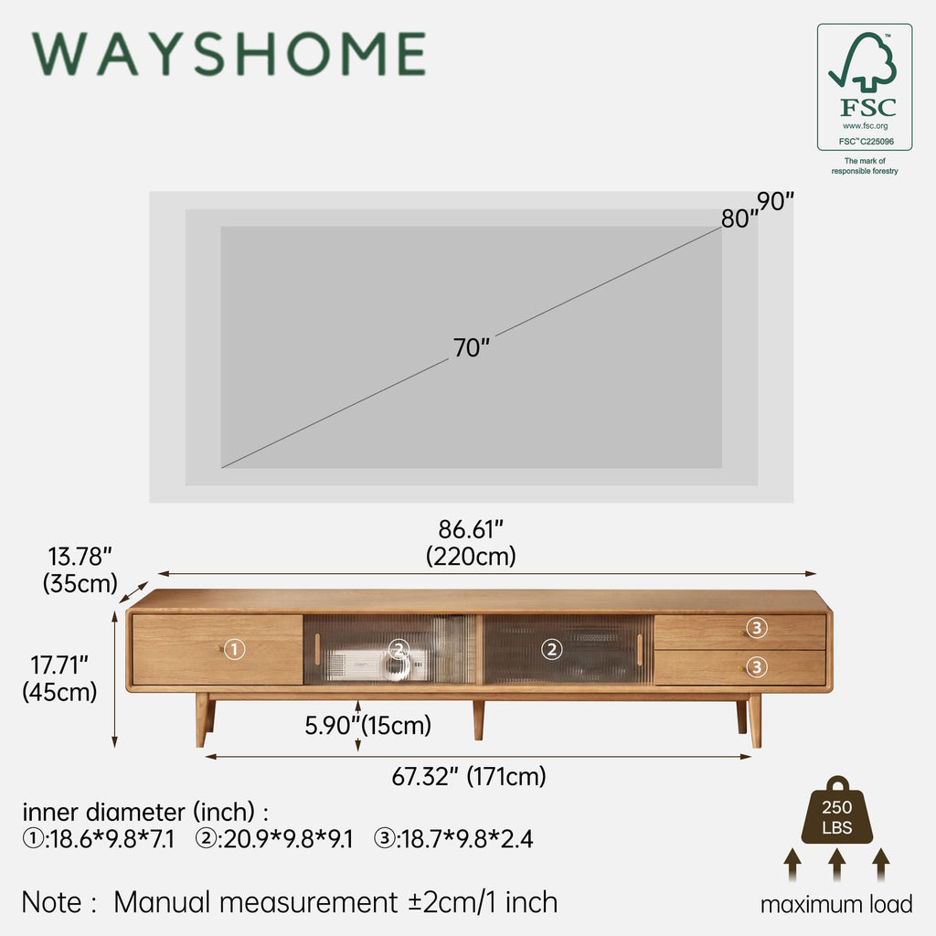 86" Solid Oak TV Stand, Extra Large Entertainment Center, Fully Assembled