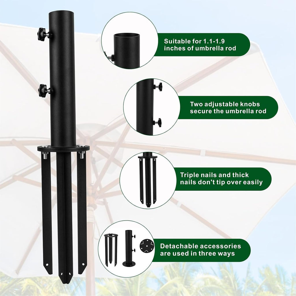 Patio Umbrella Stand Base,Heavy Duty Outdoor Umbrella Holder with 3 Ground Spikes for Stability