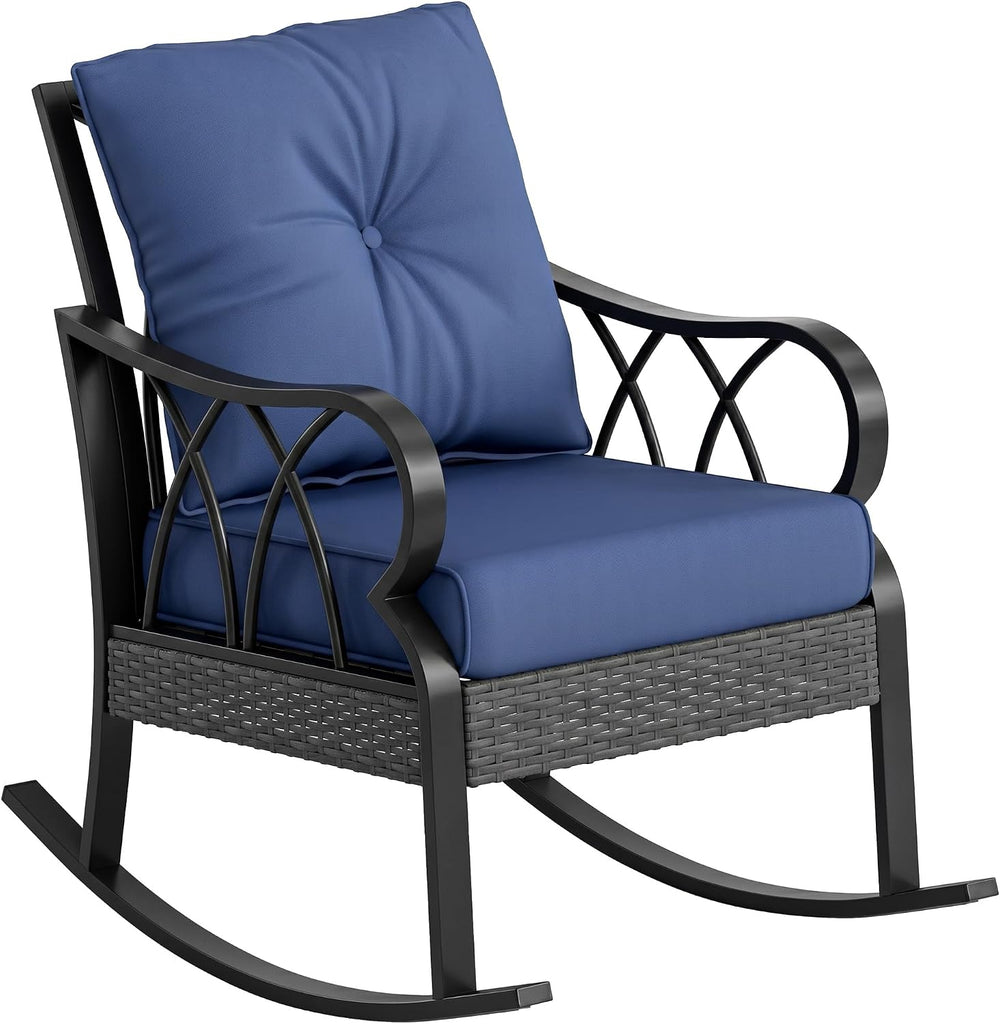 Outdoor Wicker Rocking Chair Padded Cushions Aluminum Navy Blue | Furniture Rattan Porch Rocker Chair, Armrest
