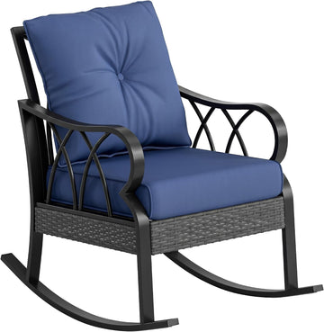 Outdoor Wicker Rocking Chair Padded Cushions Aluminum Navy Blue | Furniture Rattan Porch Rocker Chair, Armrest