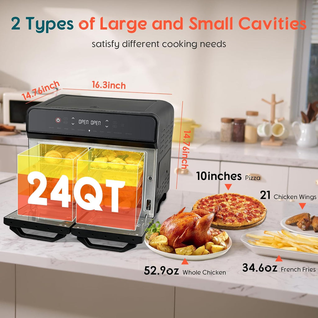 24Qt Dual Zone Air Fryer Oven with Rotisserie, Extra Large Double Air Fryers Mini Oven Digital 1800W 10 in 1 Airfryer