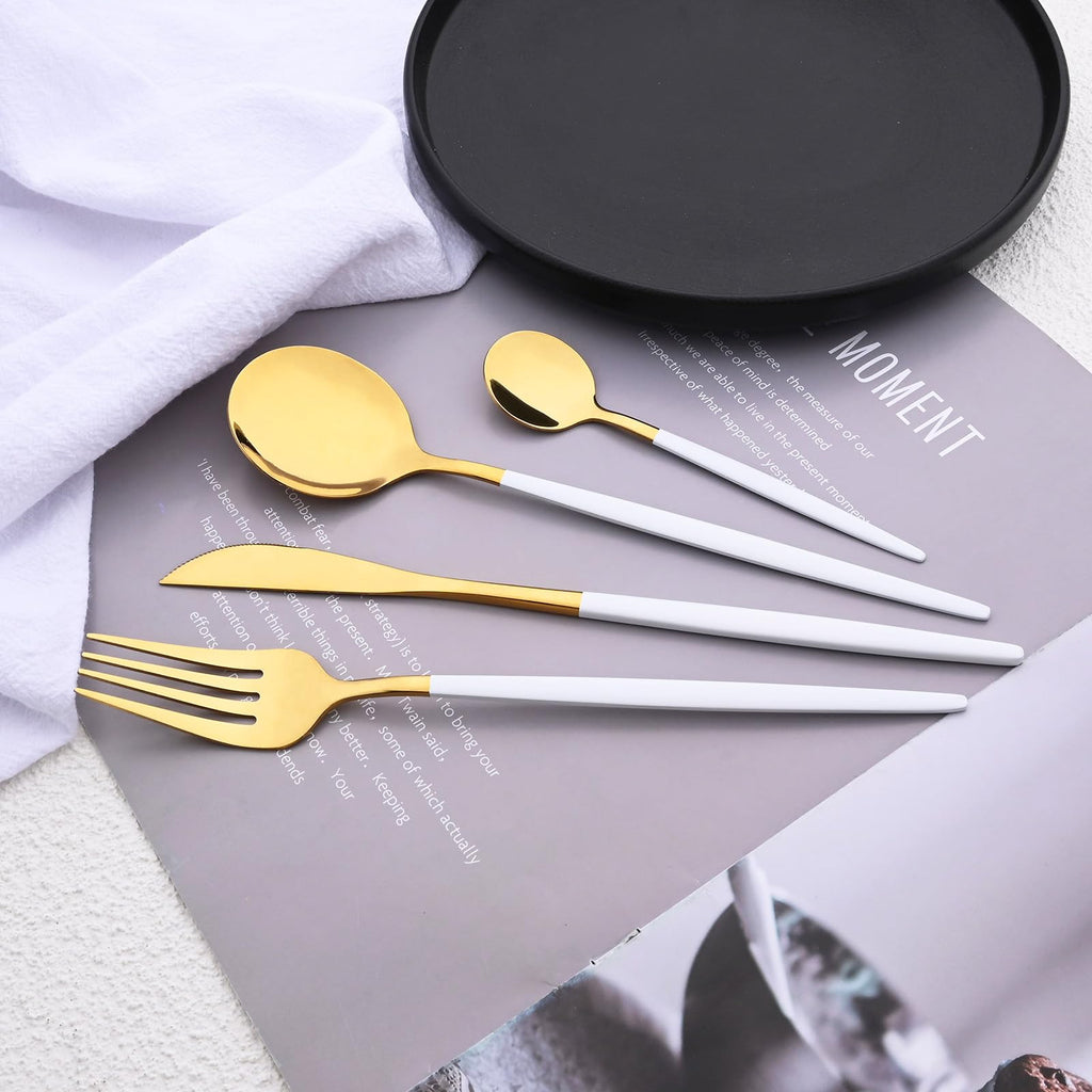 Mirror Silverware Set, 24-Piece 18/0 Stainless Steel Flatware Set For 6, Gold and White Color Forks Spoons Knives